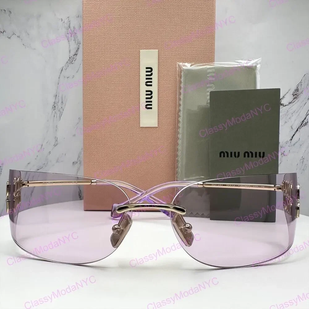 New MIU MIU Sunglasses Pale Gold Pink Lens Wrap Rimless AUTHENTIC Runway 2025